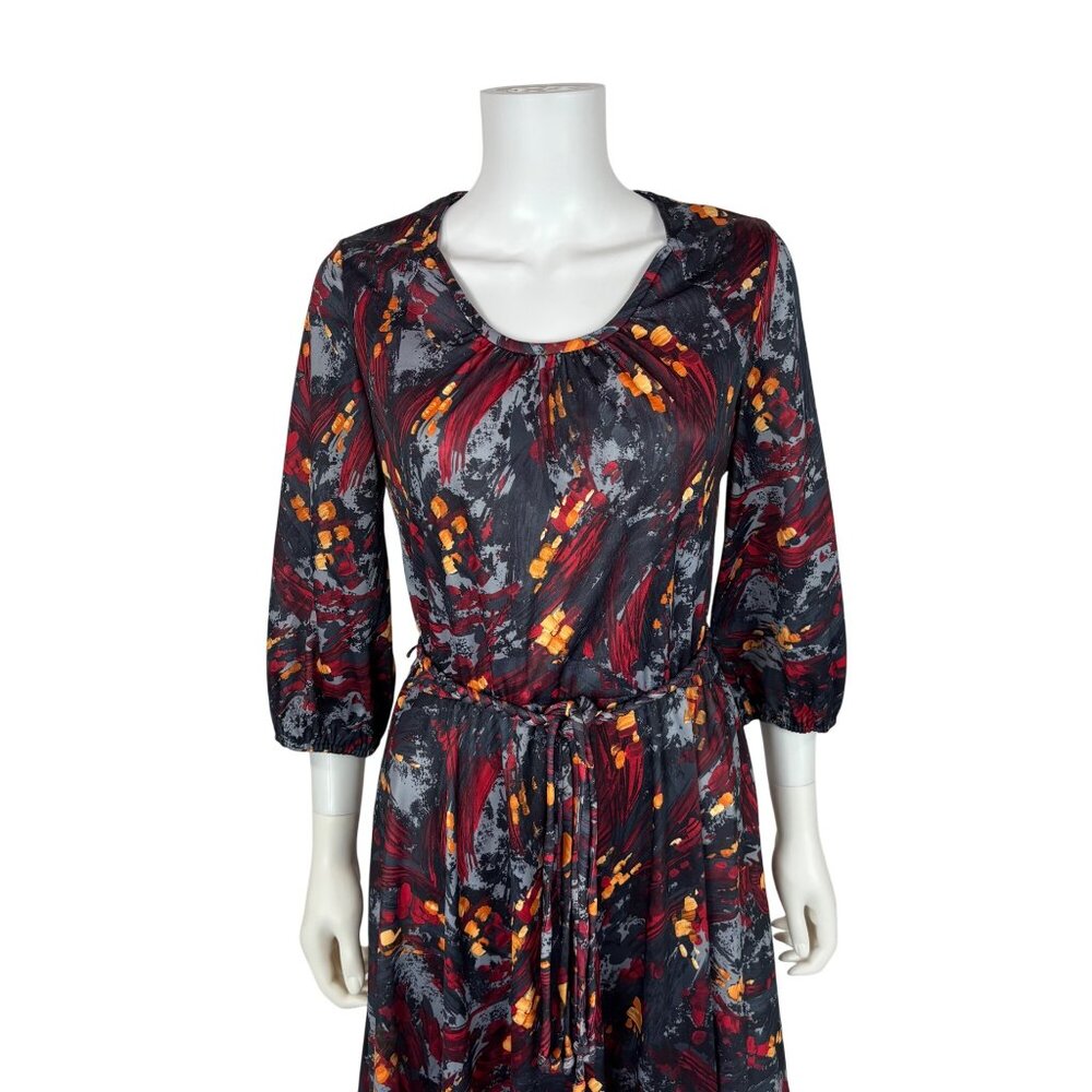 Vintage 70s Artsy Dress Womens Large Red Gray Abstract Print Braided Belt Fit An - Picture 3 of 11